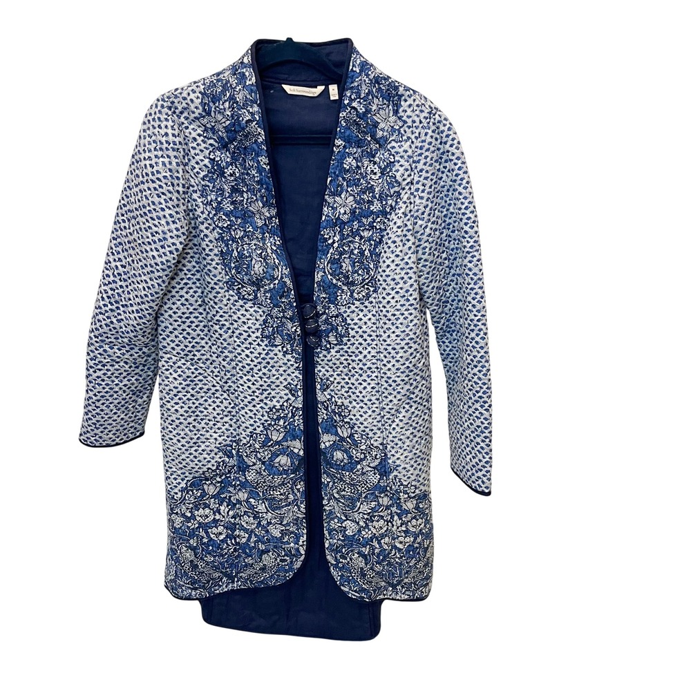 Soft Surroundings Blue White Floral Quilted Longline Jacket Boho - Size Medium